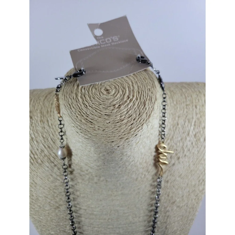 Chico's Gunmetal Heart Faux Pearl Peace Chic Convertible Mask Necklace-NWT